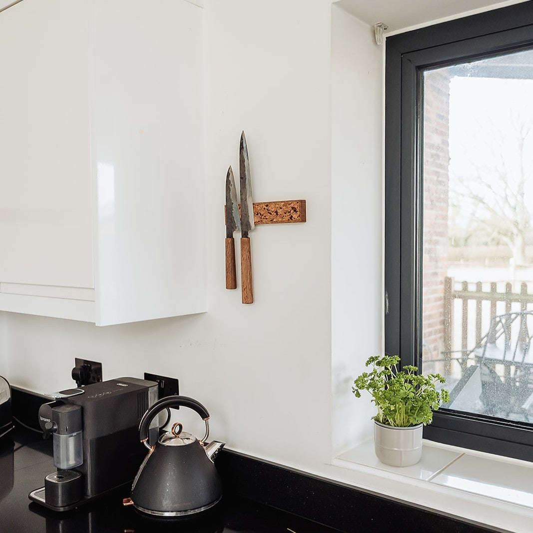 Handmade Magnetic Knife Rack - Oak and Natural & Dark Brown Cork