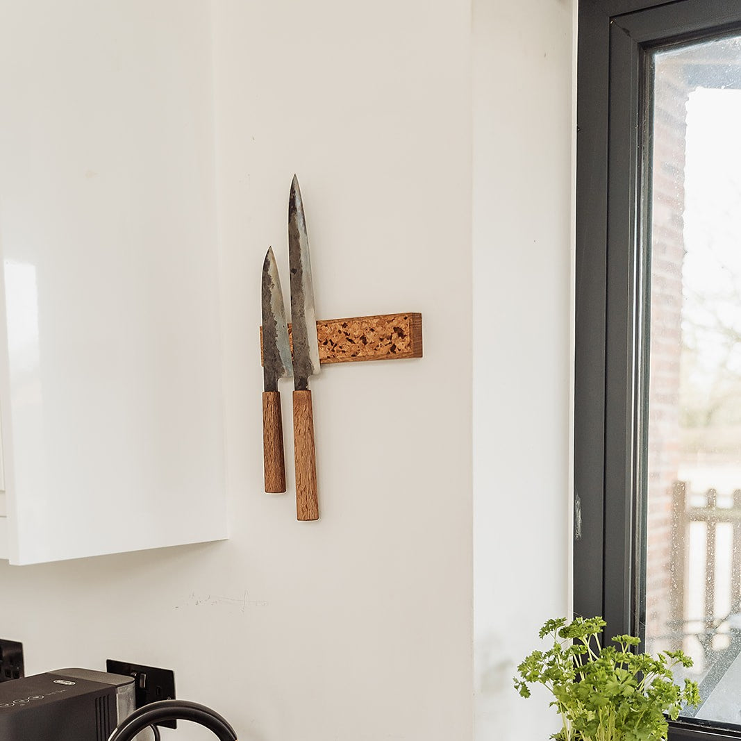 Handmade Magnetic Knife Rack - Oak and Natural & Dark Brown Cork
