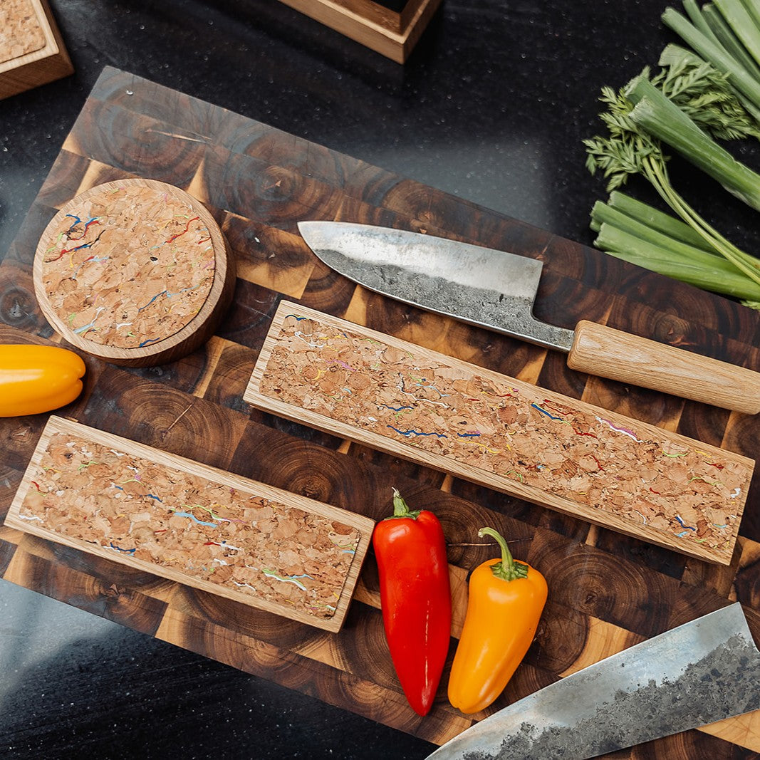 Handmade Magnetic Knife Rack - Oak and Rainbow Cork