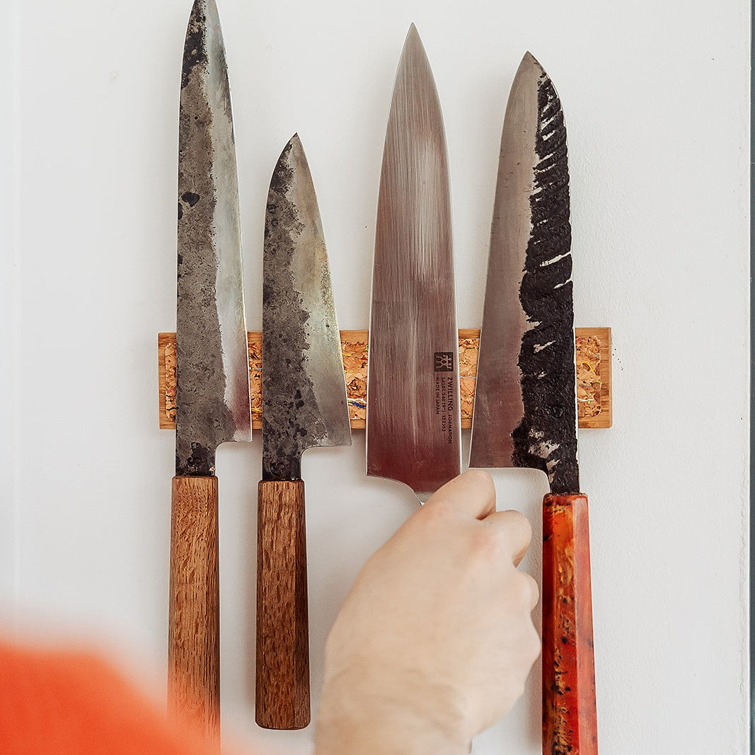 Handmade Magnetic Knife Rack - Oak and Rainbow Cork