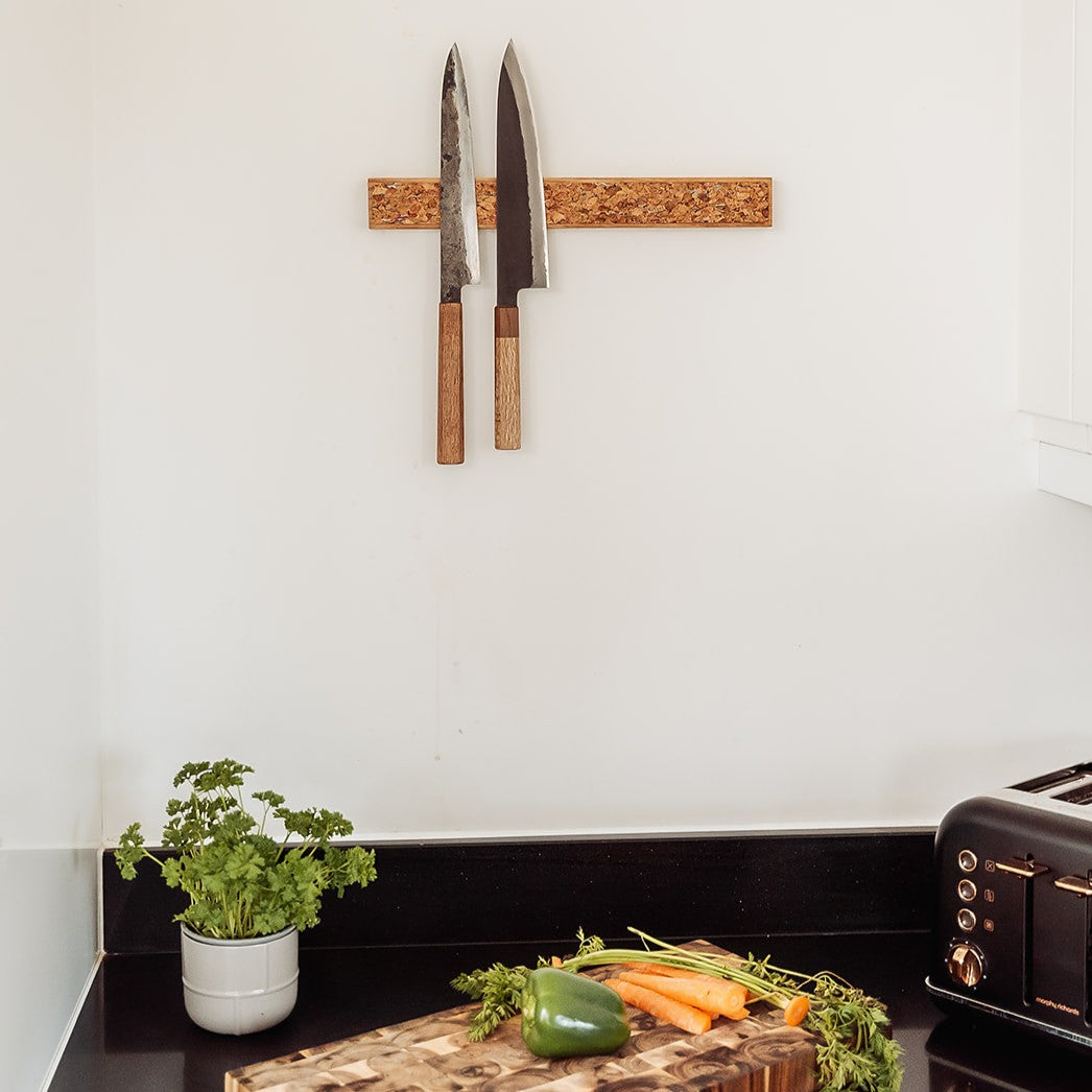 Handmade Magnetic Knife Rack - Oak and Natural & Dark Brown Cork