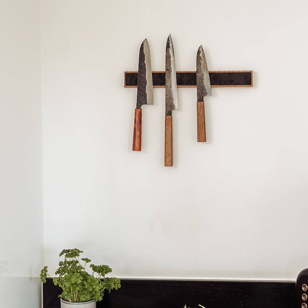 Handmade Magnetic Knife Rack - Oak and Black Cork