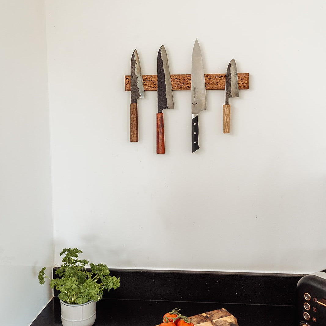Handmade Magnetic Knife Rack - Oak and Natural & Dark Brown Cork