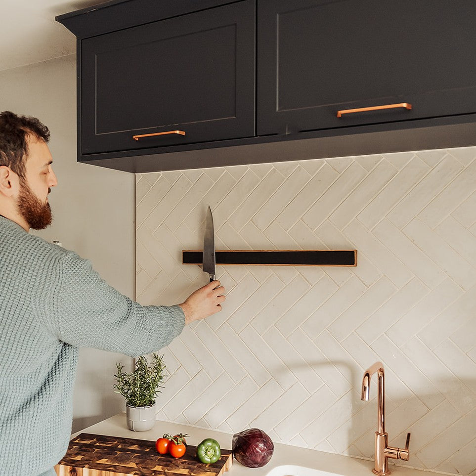 Handmade Magnetic Knife Rack - Oak and Black Cork
